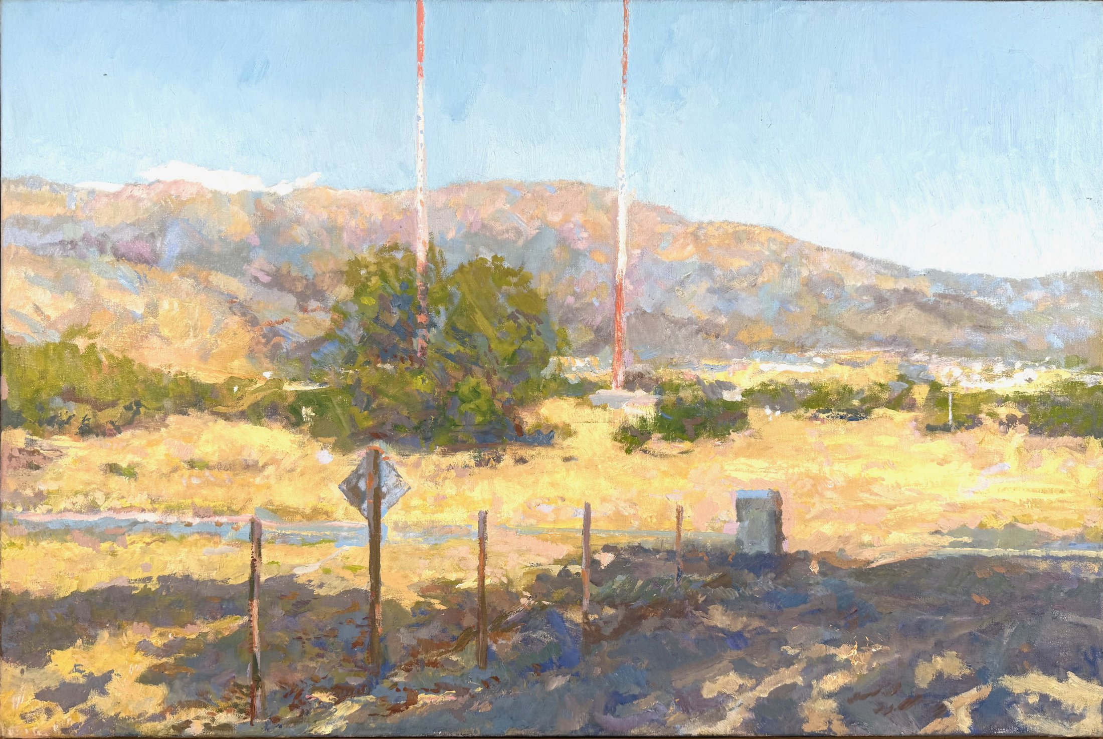 Alameda Towers and Sandia Crest, 24 x 36 inches, oil on linen, copyright 2024